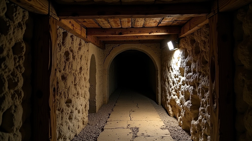Vstup do historické štoly s původními dřevěnými podpěrami a kamennou architekturou