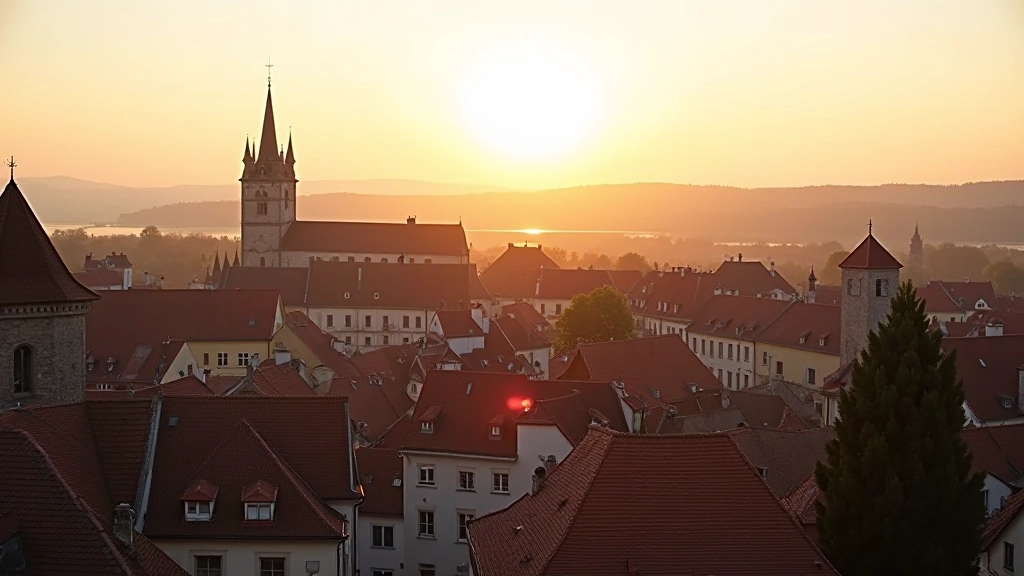 Středověké střechy Kutné Hory v podvečerním světle, historické budovy a věž