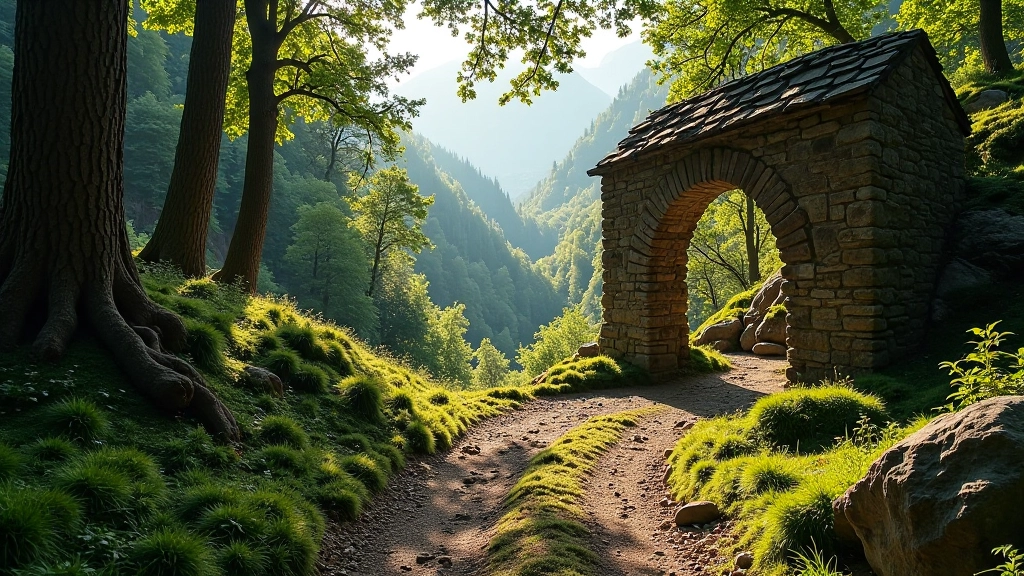 Krásná horská krajina s historickými důlními stezkami, sluneční světlo mezi stromy, starý kamenný vchod do štoly