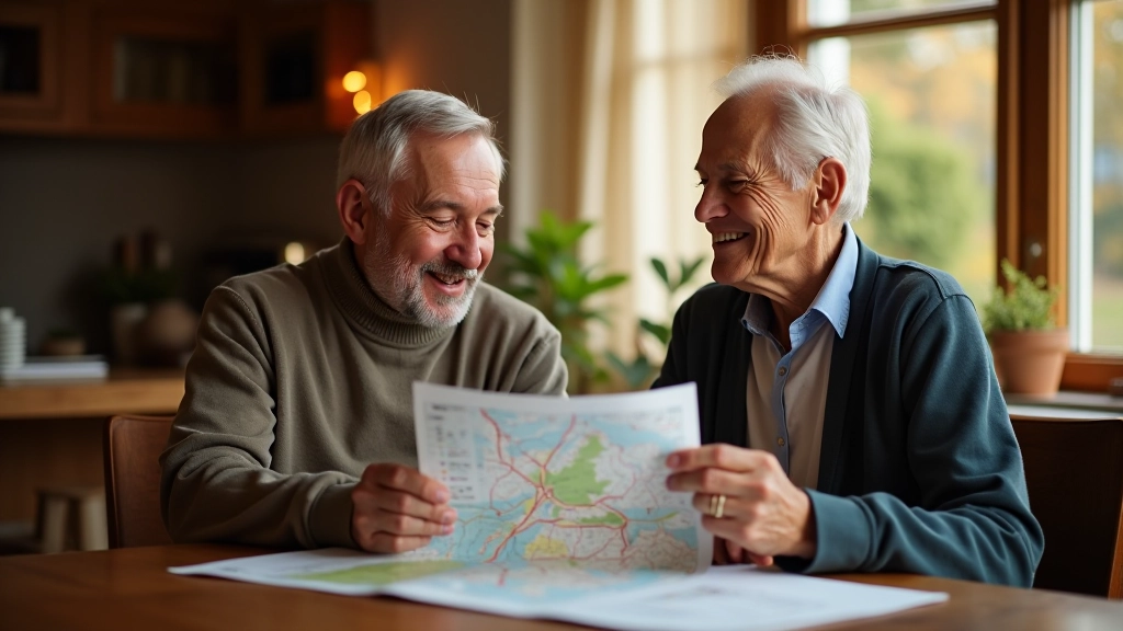 Seniorský pár u mapy, plánování cesty v domácnosti, papírová mapa na stole