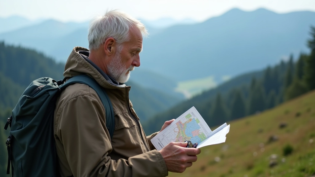 Hiker s navigační mapou a kompasem na výhledovém bodě